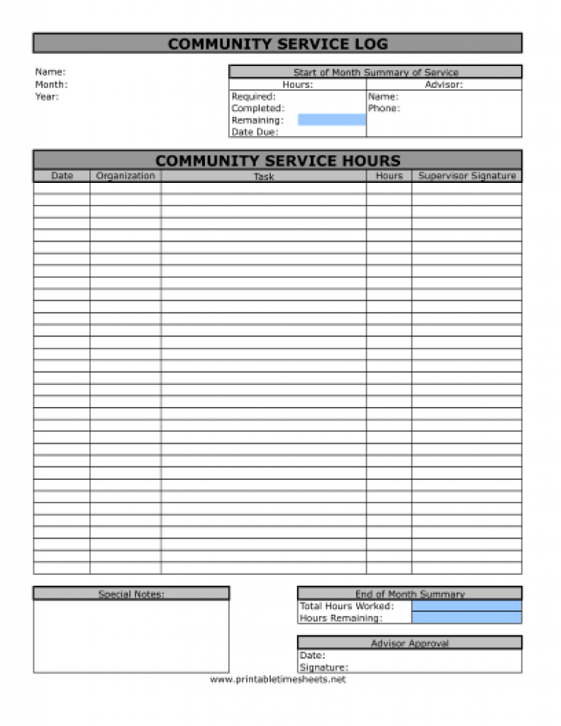 Community Service Timesheet Printable Time Sheets, Free To Download