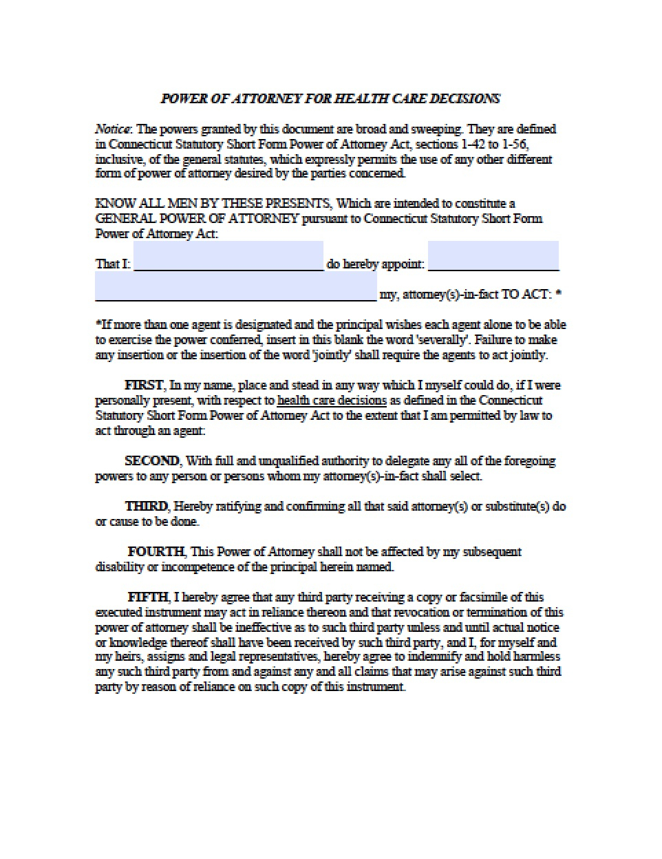 Connecticut Medical Power Of Attorney Form - Power Of Attorney - Free Printable Medical Power Of Attorney Forms