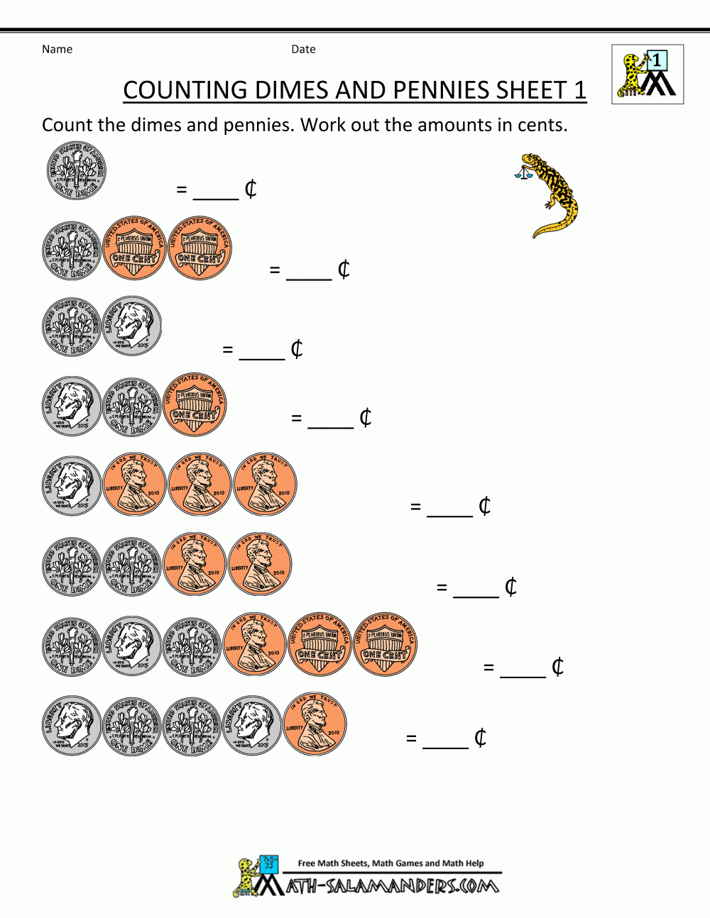 Counting Money Worksheet Dimes And Pennies 1. | First Grade - Free Printable Money Worksheets For 1St Grade