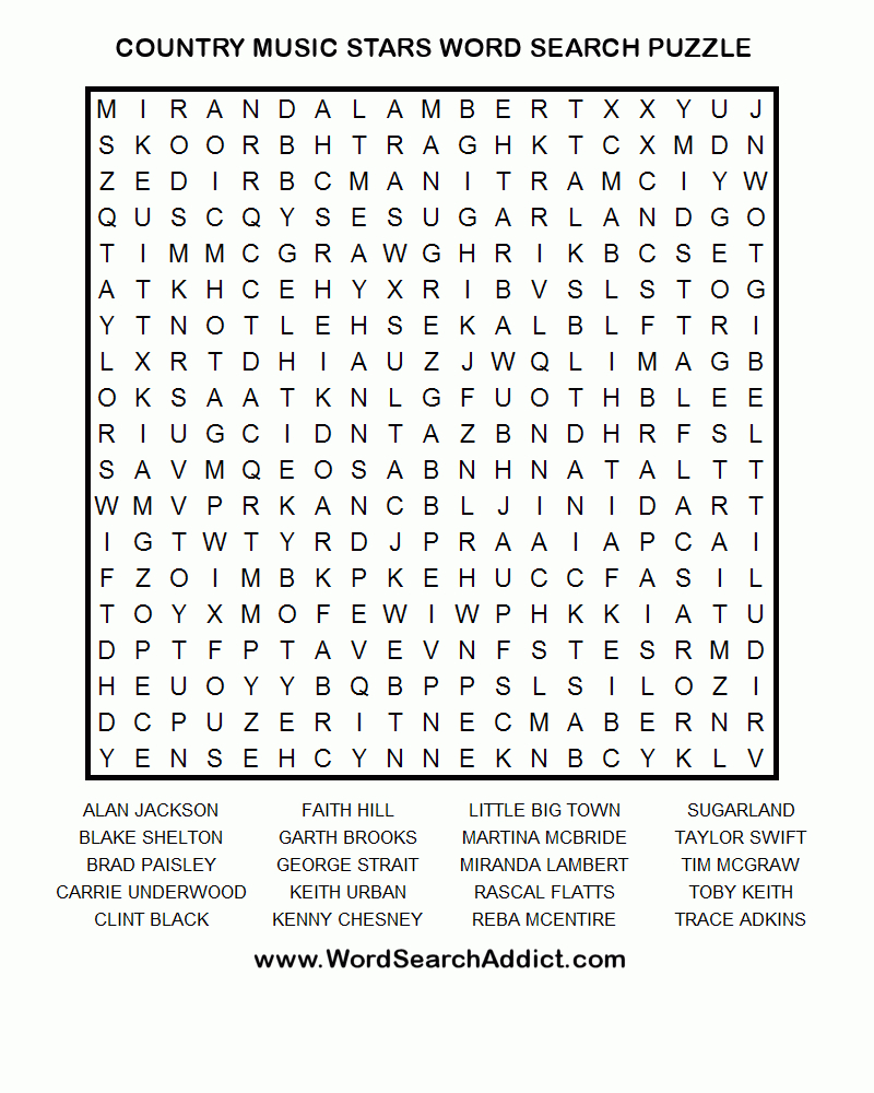 Country Music Stars Printable Word Search Puzzle - Free Printable Music Word Searches