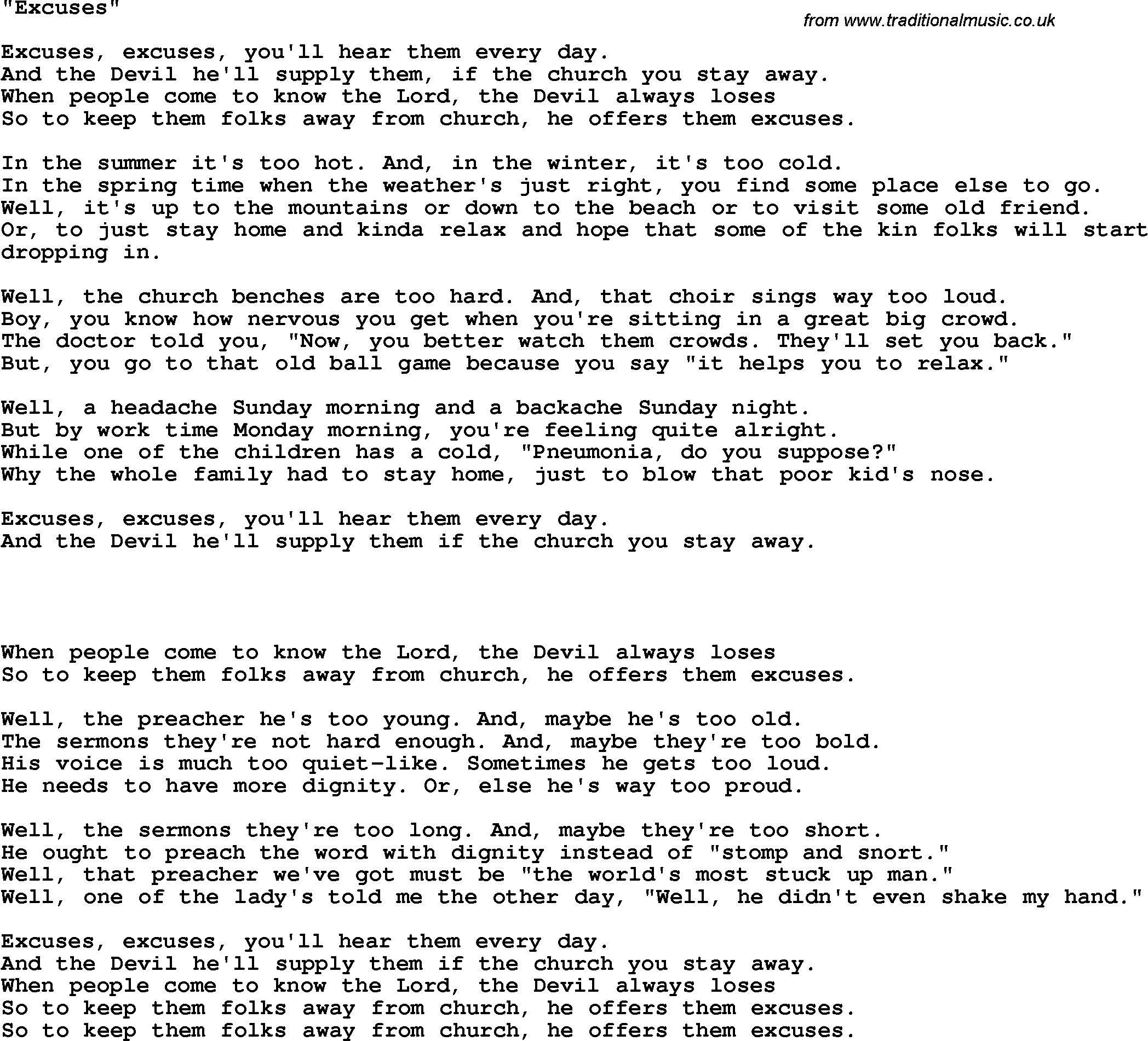 Country, Southern And Bluegrass Gospel Song Excuses Lyrics - Free Printable Gospel Music Lyrics