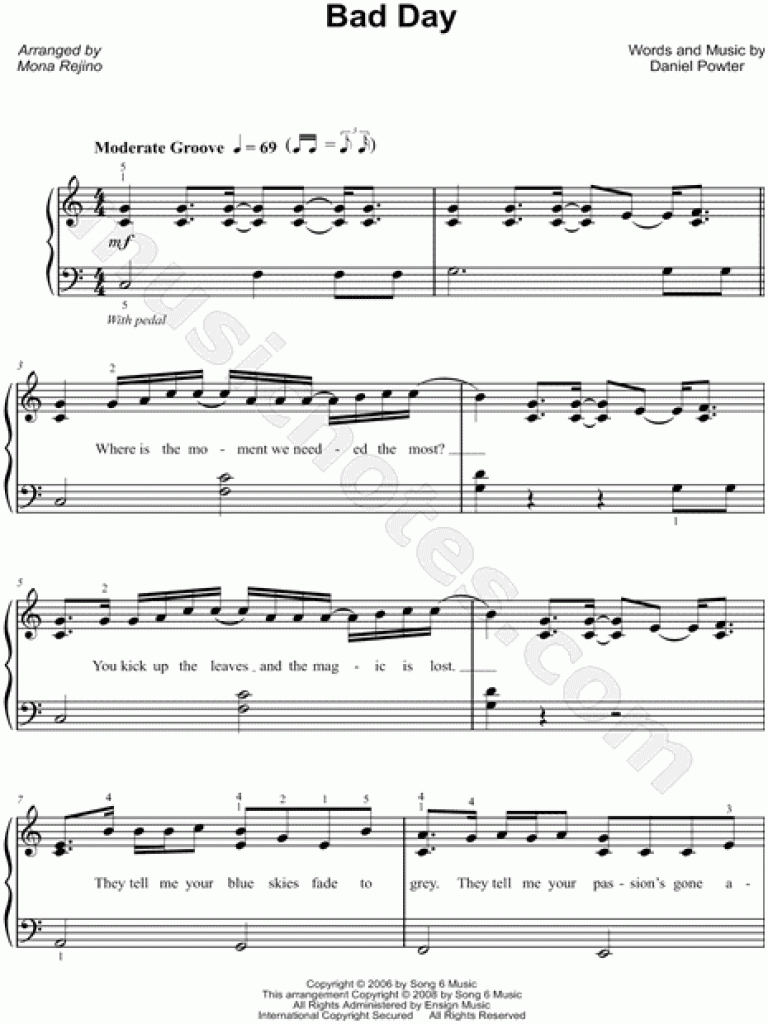 Daniel Powter &amp;quot;bad Day&amp;quot; Sheet Music (Easy Piano) (Piano Solo) In C - Bad Day Piano Sheet Music Free Printable