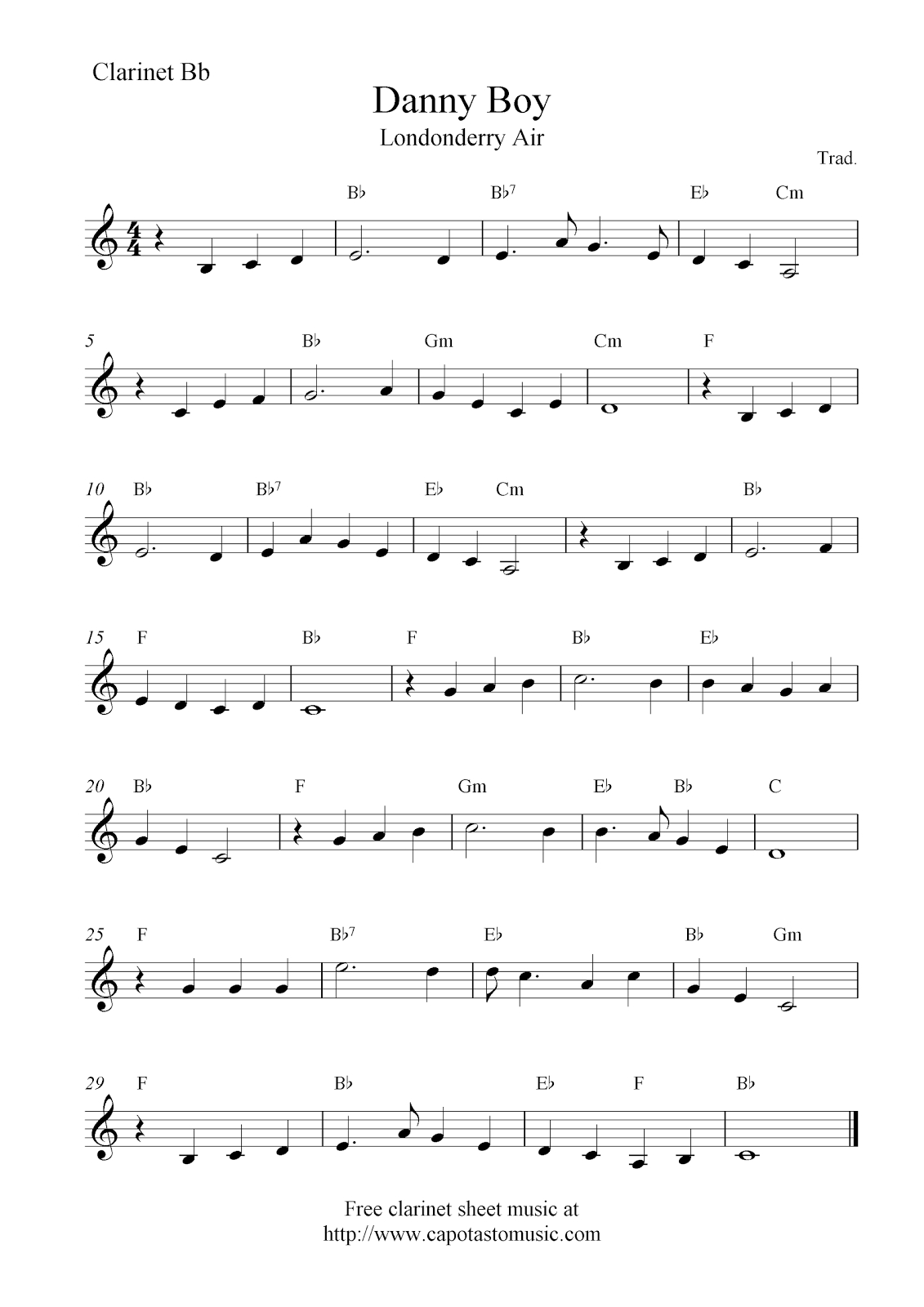 Danny Boy (Londonderry Air), Free Clarinet Sheet Music Notes - Free Printable Clarinet Sheet Music