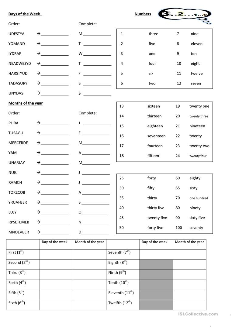 Days, Months, Ordinal Number Worksheet Worksheet - Free Esl - Free Printable Number Of The Day Worksheets