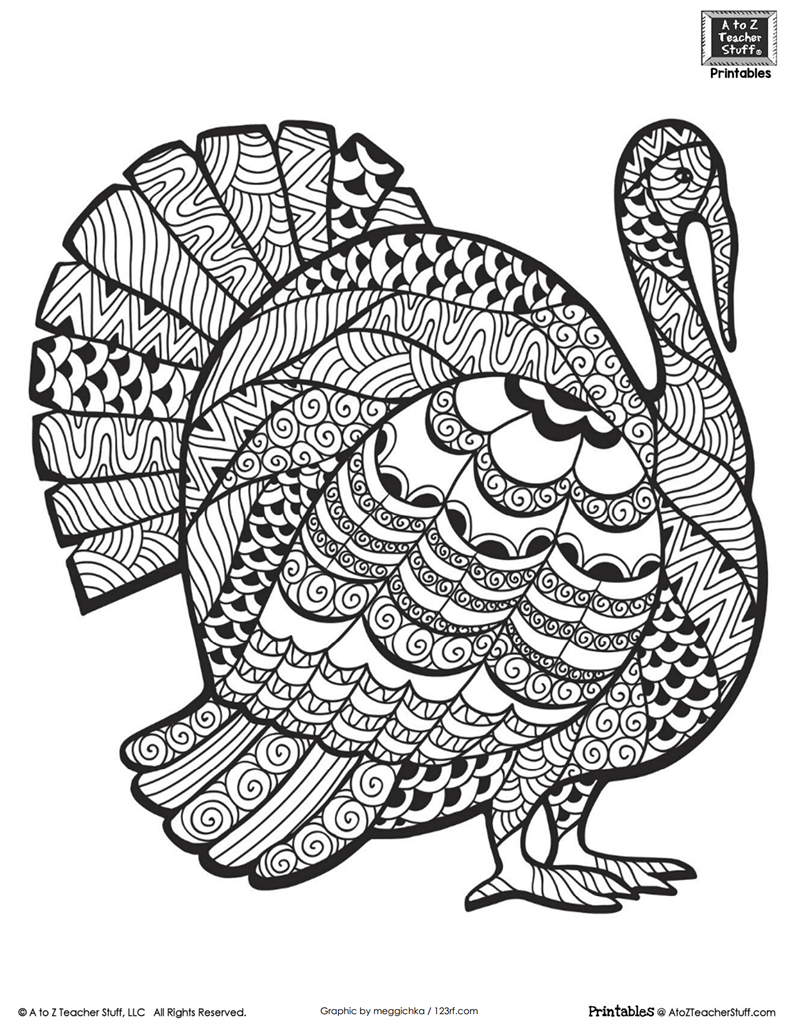 Detailed Turkey Advanced Coloring Page | A To Z Teacher Stuff - Free Printable Pictures Of Turkeys To Color