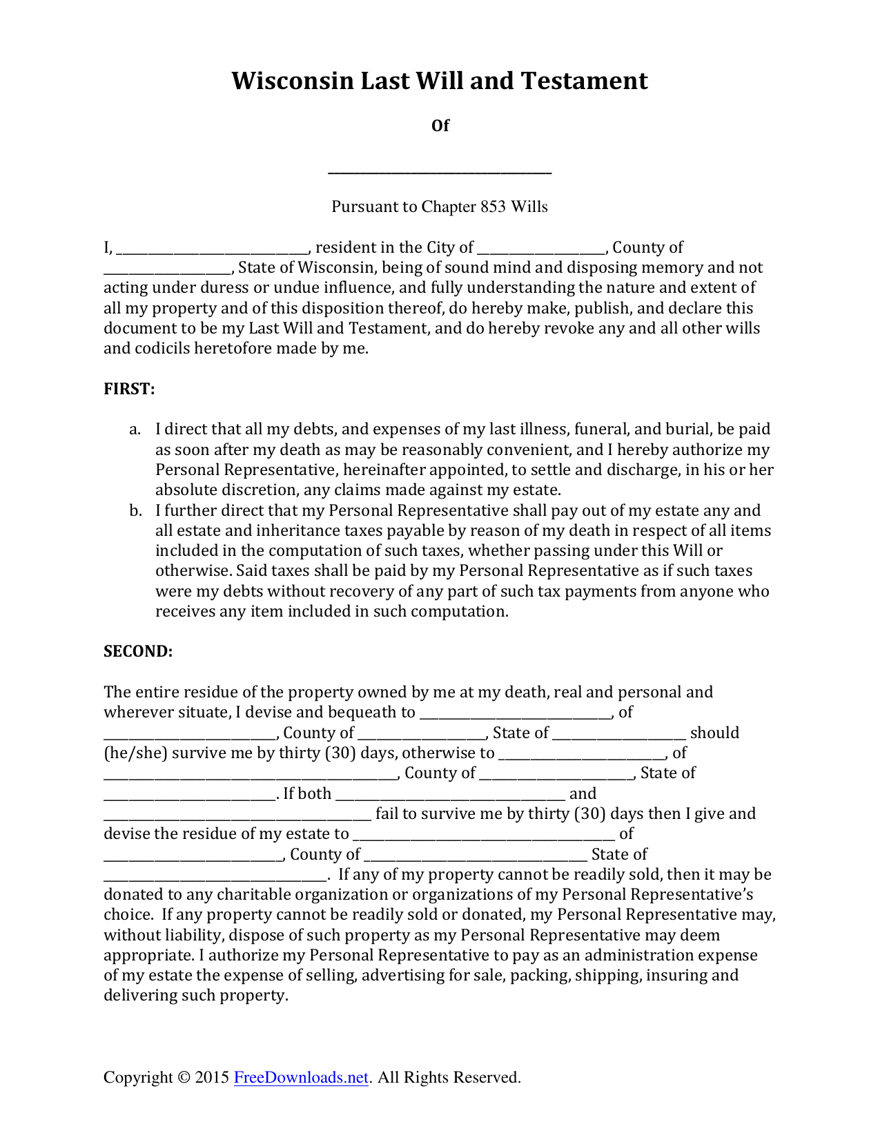 Download Wisconsin Last Will And Testament Form | Pdf | Rtf | Word - Free Printable Will Papers