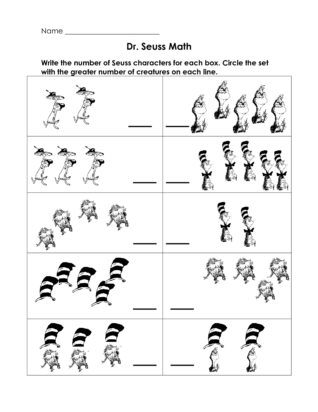 Dr. Seuss Printables Math | Maths | Dr Seuss Activities, Preschool, Math - Free Printable Dr Seuss Math Worksheets