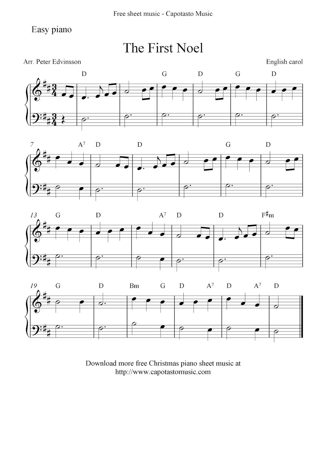 Easy Free Christmas Sheet Music For Piano, The First Noel - Free Printable Christmas Music Sheets Piano
