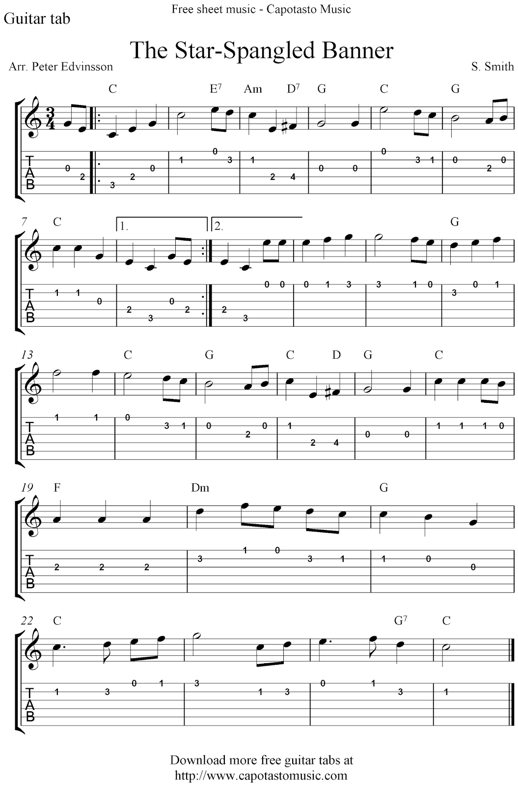 Easy Guitar Tab Sheet Music Score With The Melody The Star-Spangled - Free Printable Guitar Music