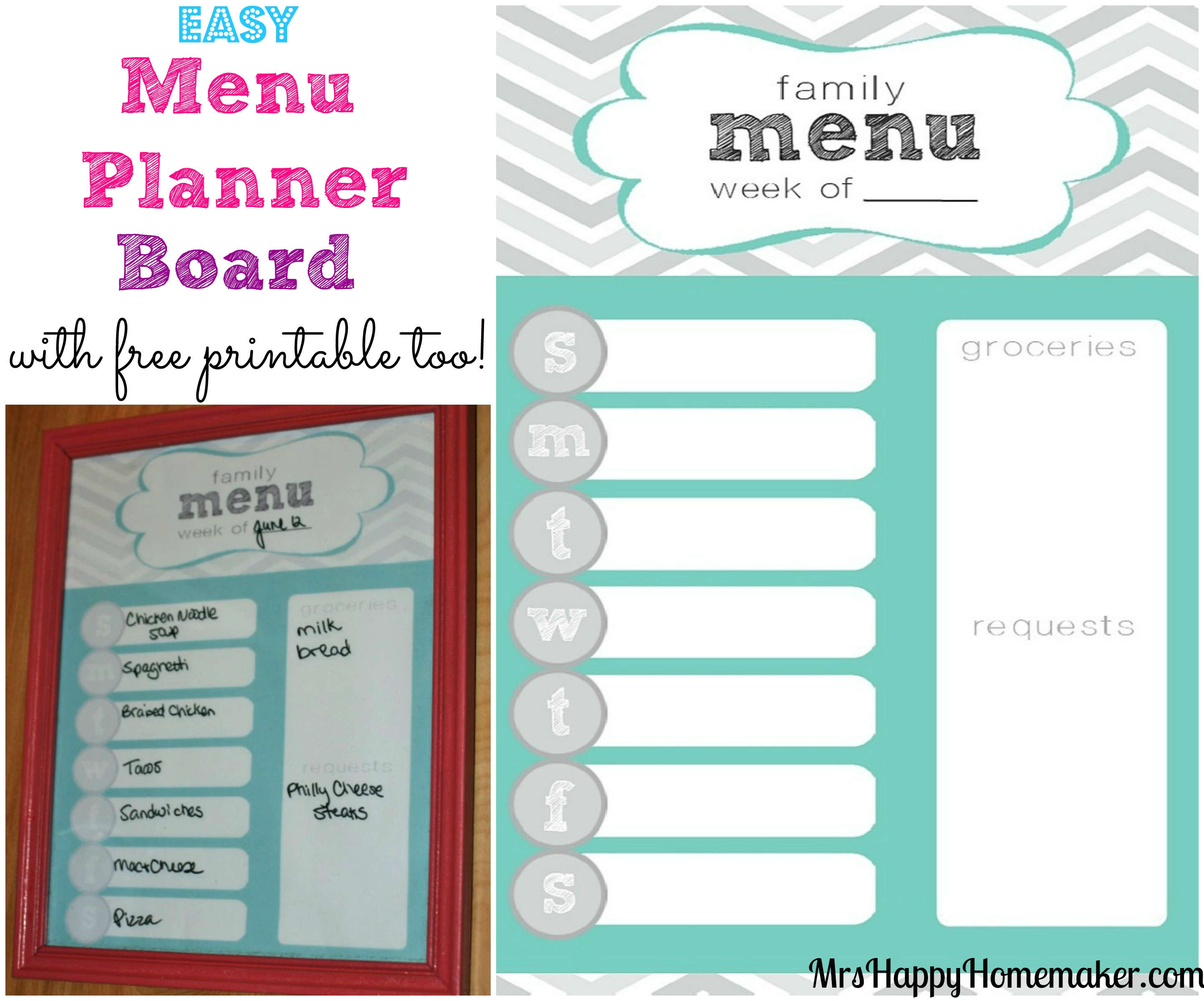 Easy Menu Planner Board - Mrs Happy Homemaker - Free Printable Menu