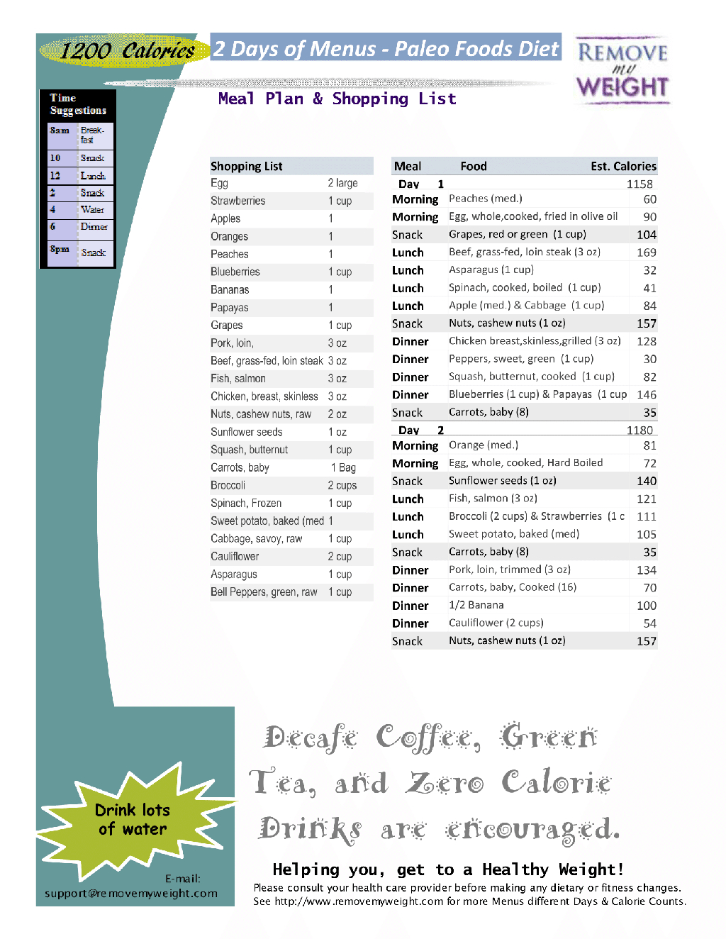 Easy One Page, Paleo Diet Menu Plan, 1200 Calories A Day Try It For - Free Printable 1200 Calorie Diet Menu