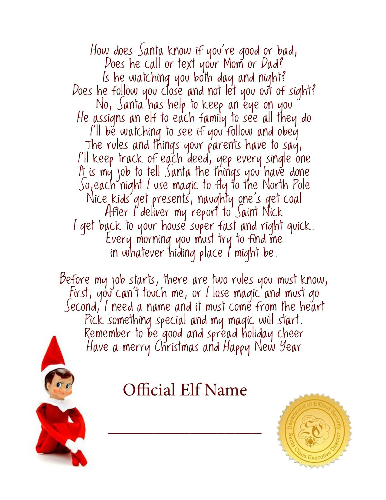 Elf On The Shelf Story - Free Printable Poem | Elf On The Shelf - Free Printable Elf On Shelf Arrival Letter