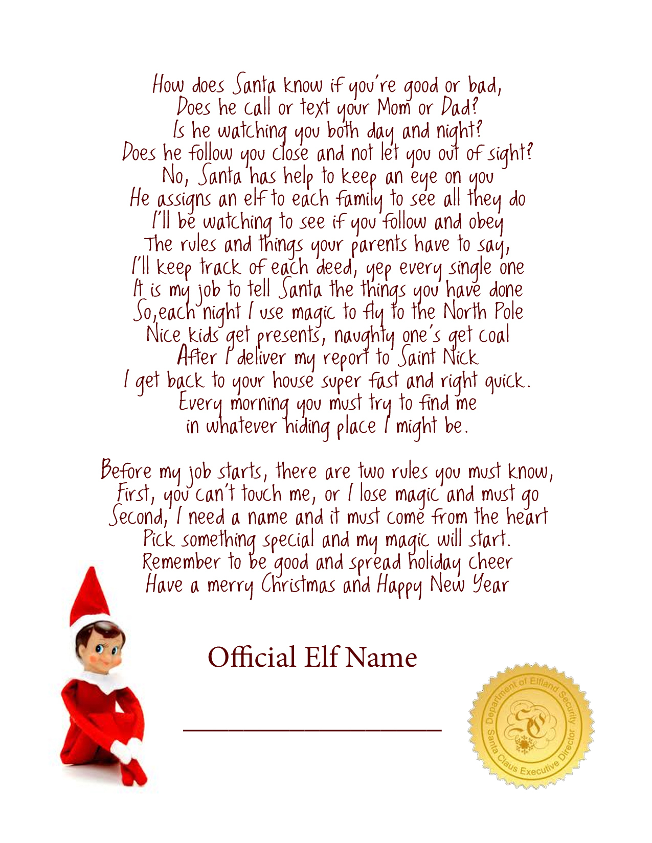 Elf On The Shelf Story - Free Printable Poem - Lil&amp;#039; Luna - Free Printable Elf On The Shelf Story