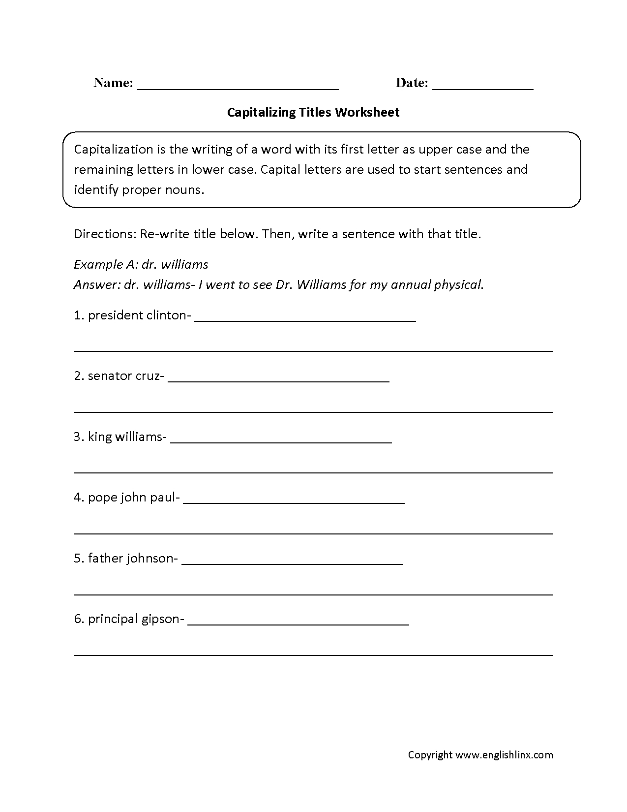 Englishlinx | Capitalization Worksheets - Free Printable Itbs Practice Worksheets