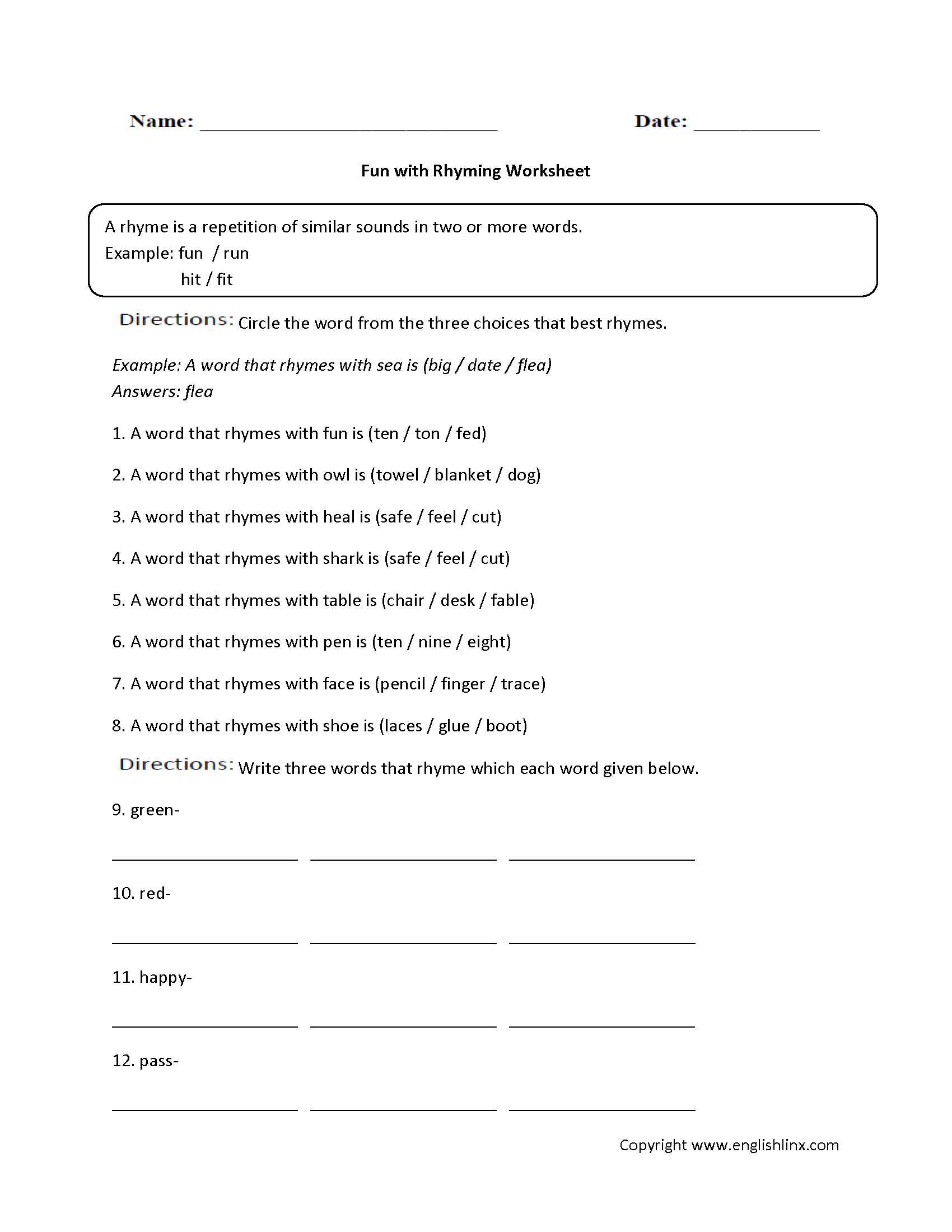 Englishlinx | Rhyming Worksheets - Free Printable Rhyming Words Worksheets