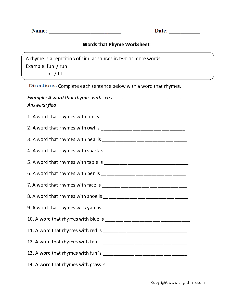 Englishlinx | Rhyming Worksheets - Free Printable Rhyming Words
