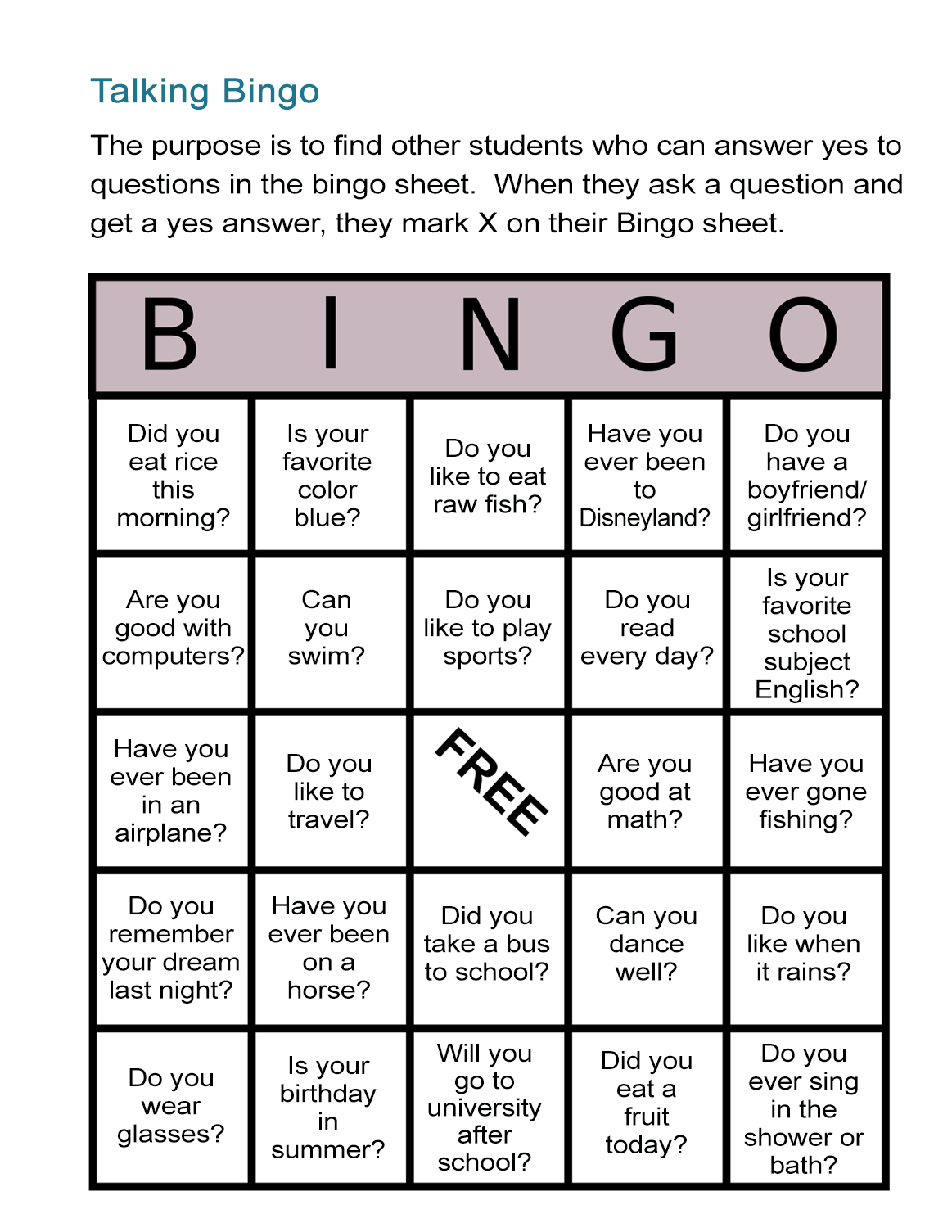 Esl Bingo Free Worksheet: Stand-Up Bingo - All Esl - Free Printable Esl Resources