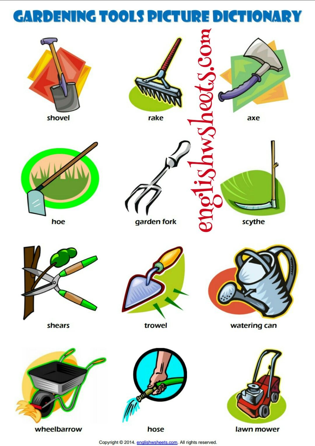 Esl Printable Gardening Tools Vocabulary Worksheets For Kids #esl - Free Printable Picture Dictionary For Kids