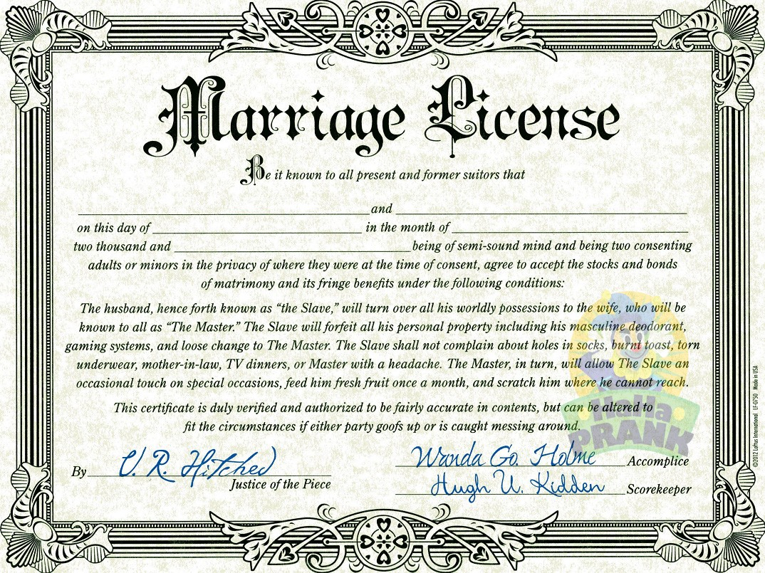 Fake Wedding Certificate | Printable Birthday Certificates - Fake Marriage Certificate Printable Free