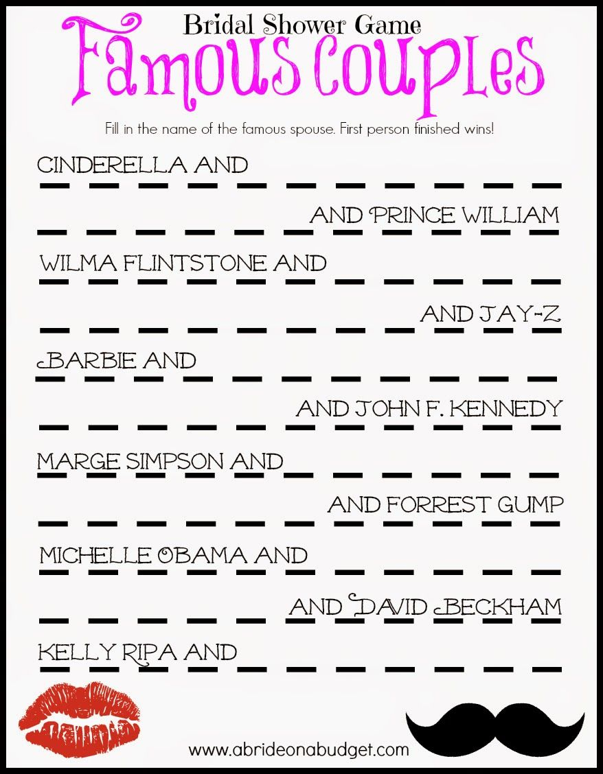 Famous Couples Bridal Shower Game (Free Printable) | Frugal And - Free Printable Games