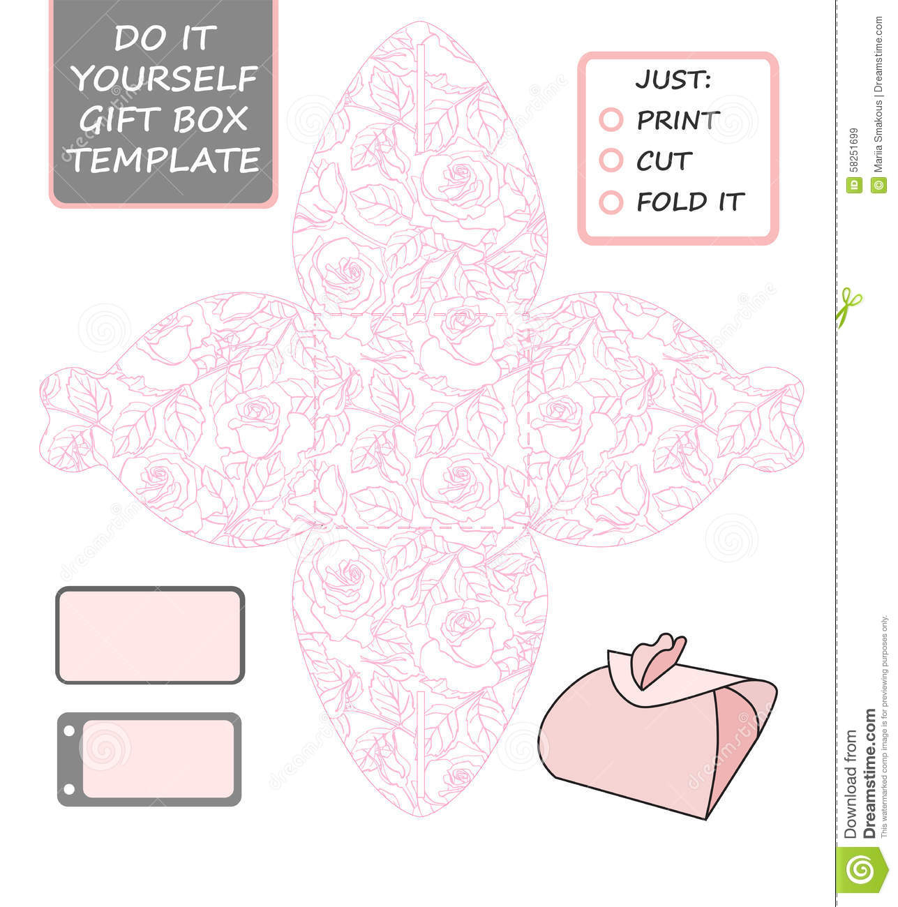 Favor, Gift Box Die Cut. Box Template With Rose Pattern. Stock - Printable Box Templates Free Download