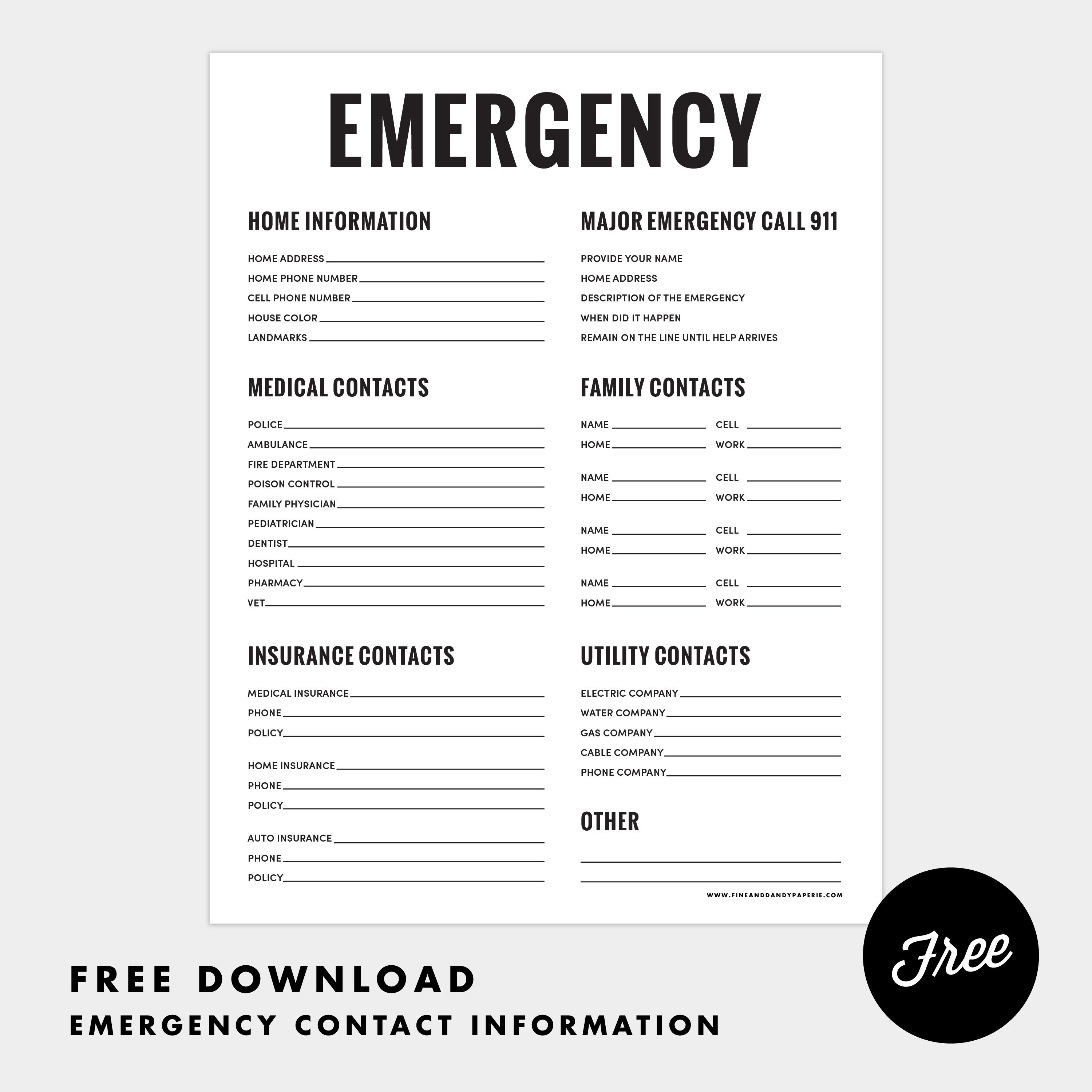 Fine &amp;amp; Dandy Freebies! Emergency Contact Sheet Printable #organizing - Free Printable Emergency Phone List