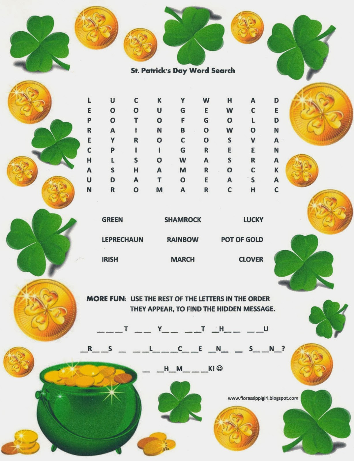 Florassippi Girl: St. Patrick&amp;#039;s Day Word Search - Free Printable - Free Word Search With Hidden Message Printable