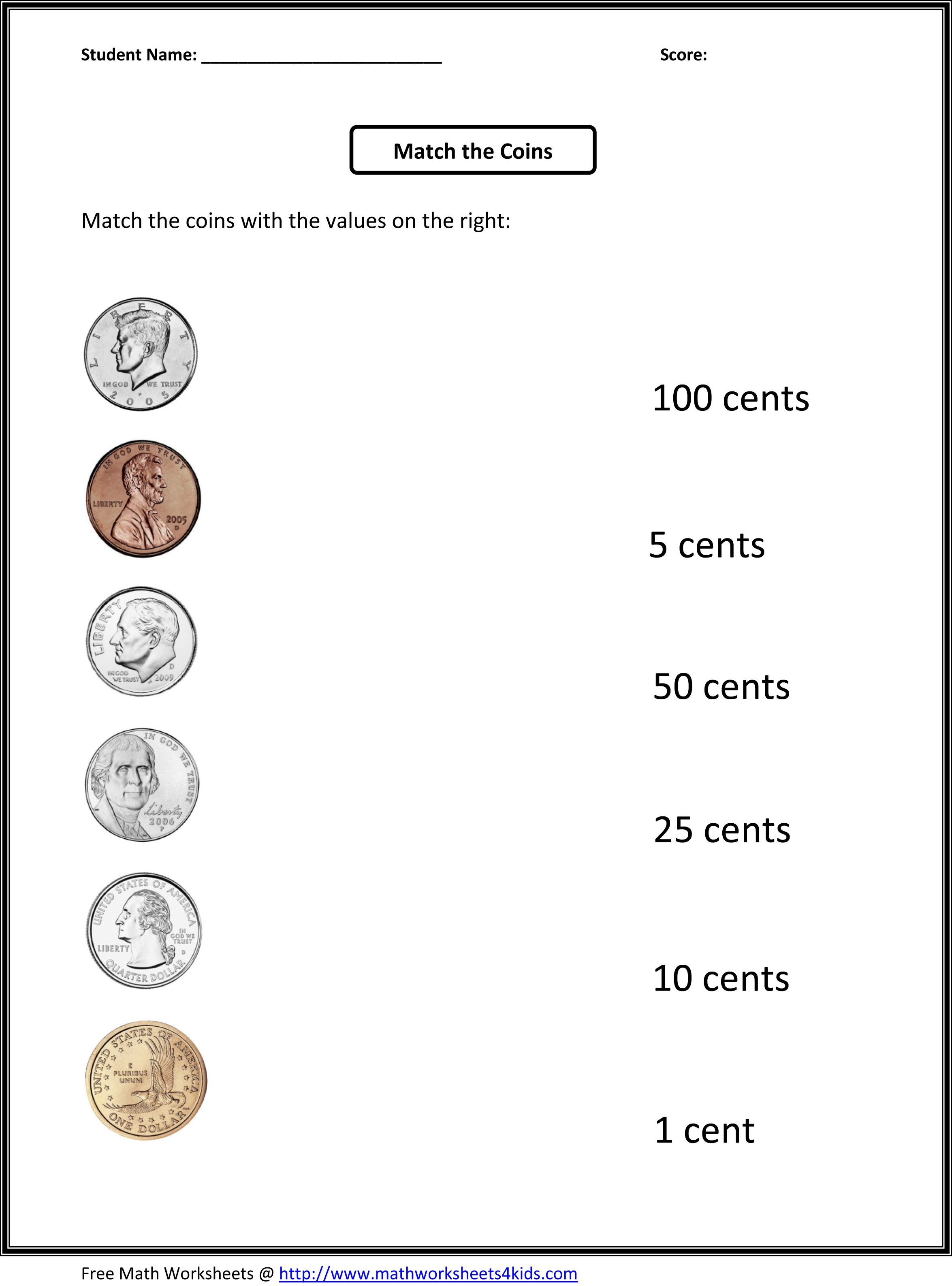 Free 1St Grade Worksheets | Match The Coins And Its Values - Free Printable Telling Time Worksheets For 1St Grade