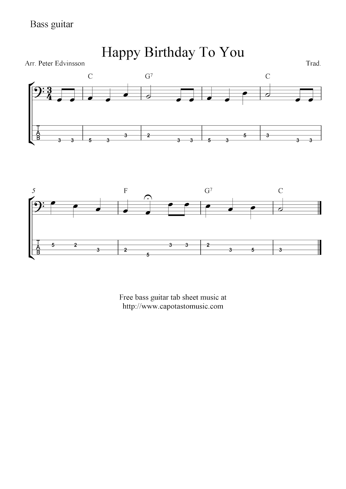 Free Bass Guitar Tab Sheet Music, Happy Birthday To You - Free Printable Guitar Music