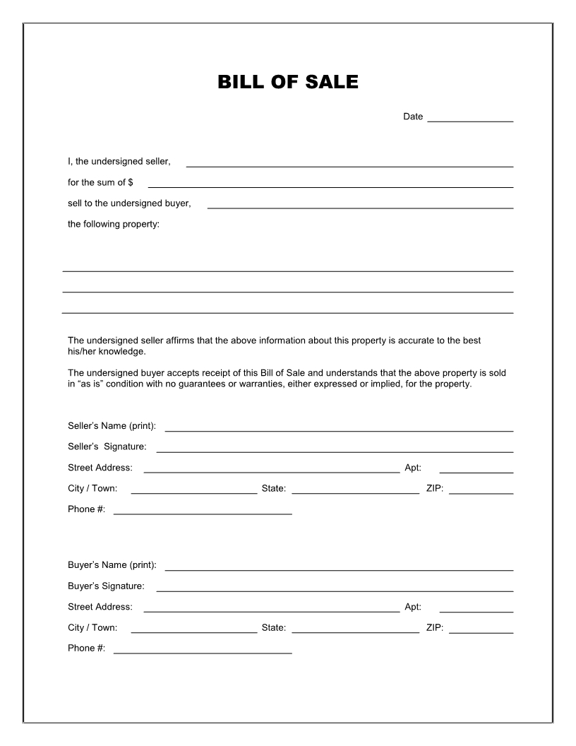 Free Blank Bill Of Sale Form - Download Pdf | Word - Free Printable Generic Bill Of Sale