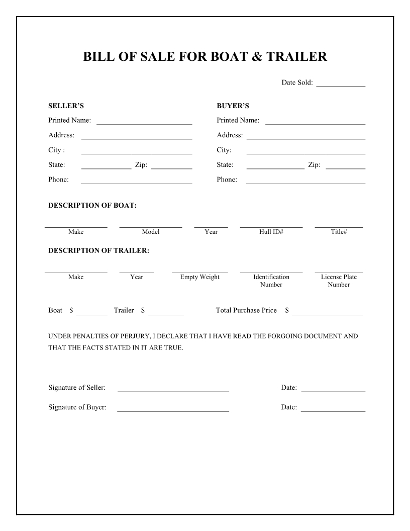 Free Boat &amp;amp; Trailer Bill Of Sale Form - Download Pdf | Word - Find Free Printable Forms Online