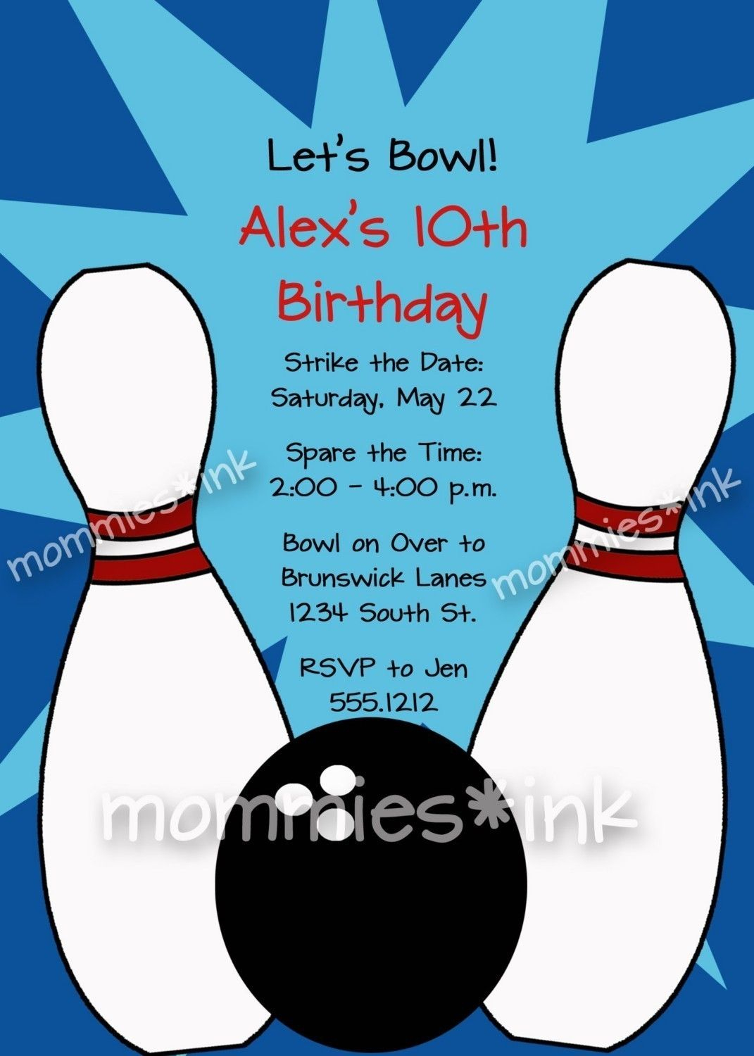 Free Bowling Party Invitations Templates With Blue Background Colors - Free Printable Bowling Ball Template