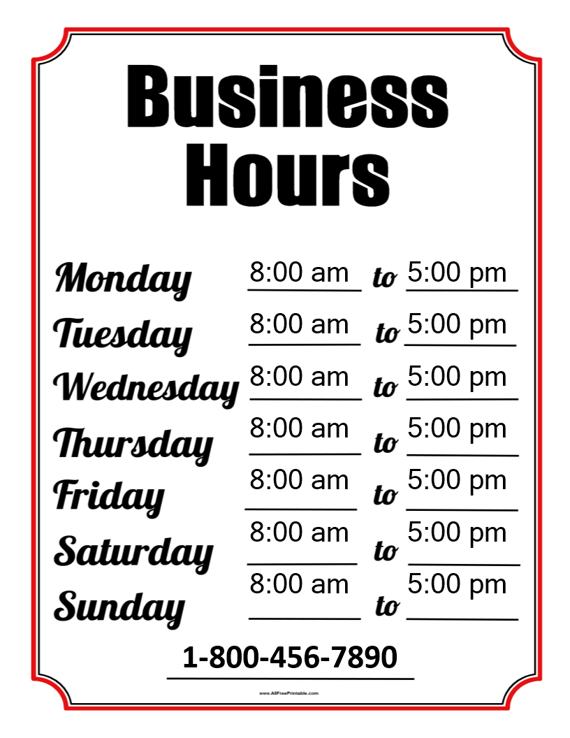 Free Business Hours Template | Templates At Allbusinesstemplates - Free Printable Business Hours Sign