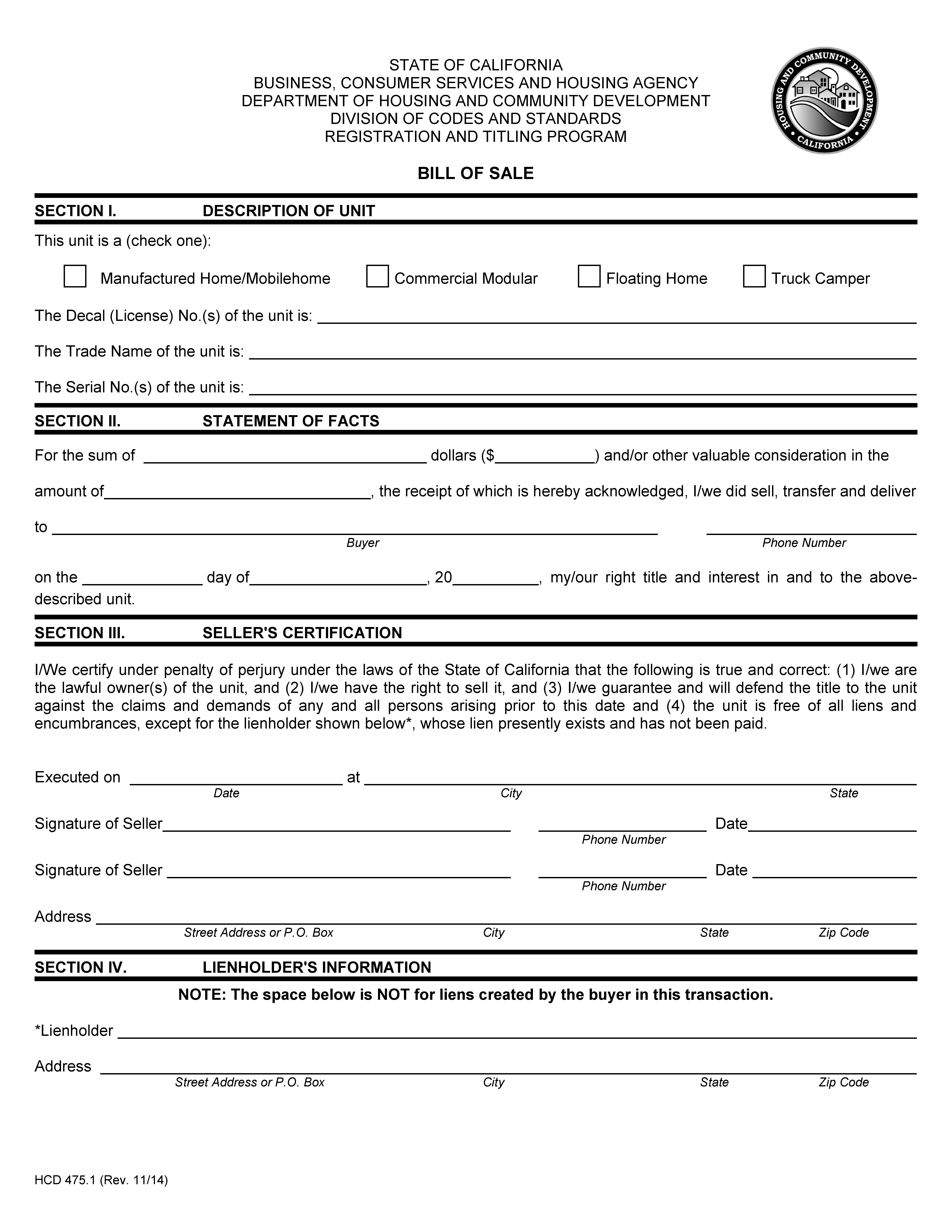 Free California Mobile Home Bill Of Sale Form | Pdf | Docx - Free Printable Bill Of Sale For Mobile Home