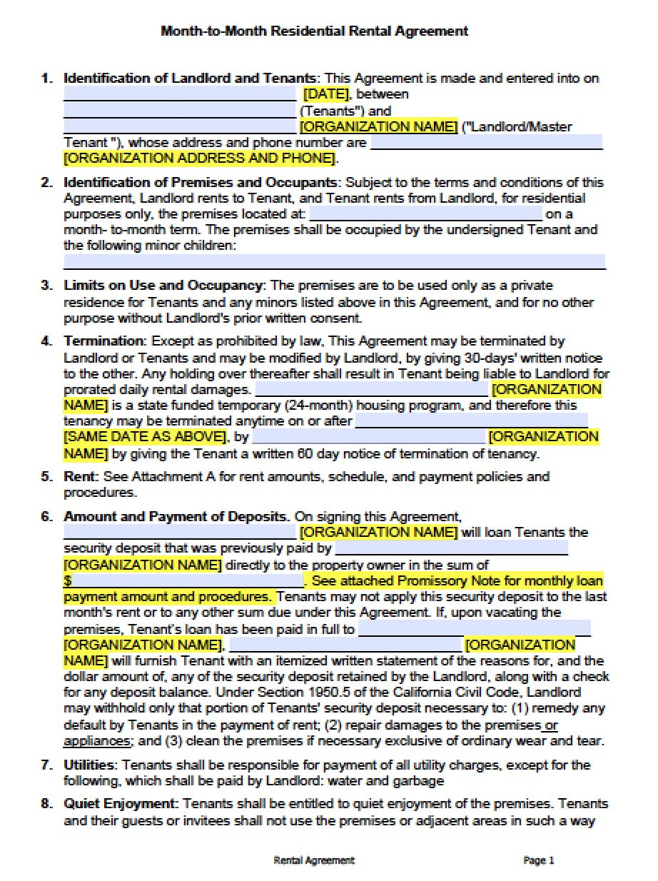 Free California Month-To-Month Lease Agreement | Pdf | Word (.doc) - Free Printable California Residential Lease Agreement