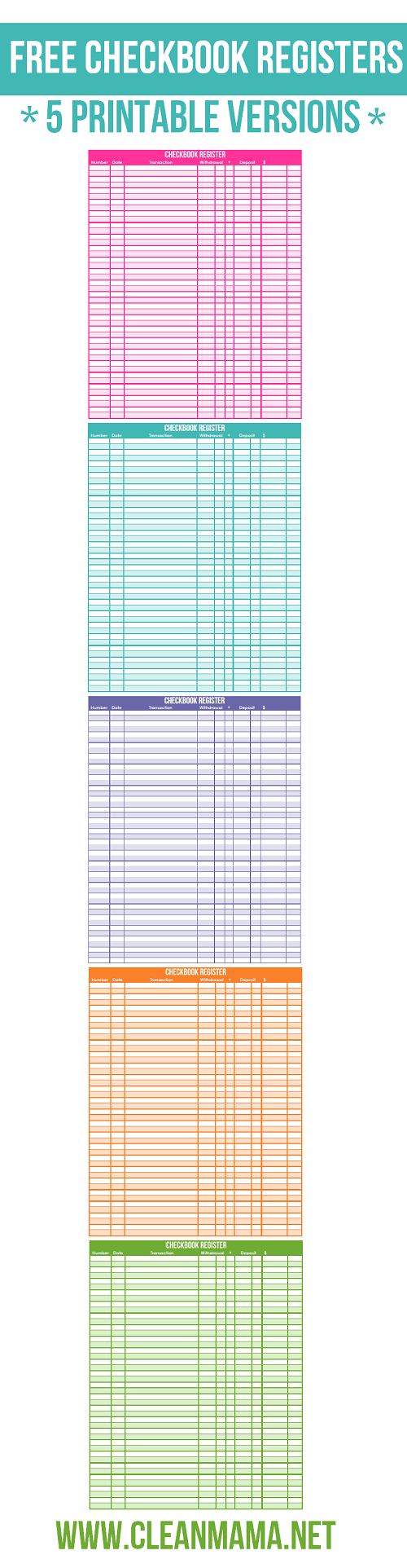 Free Checkbook Registers - 5 Printable Versions - Clean Mama - Free Printable Check Register