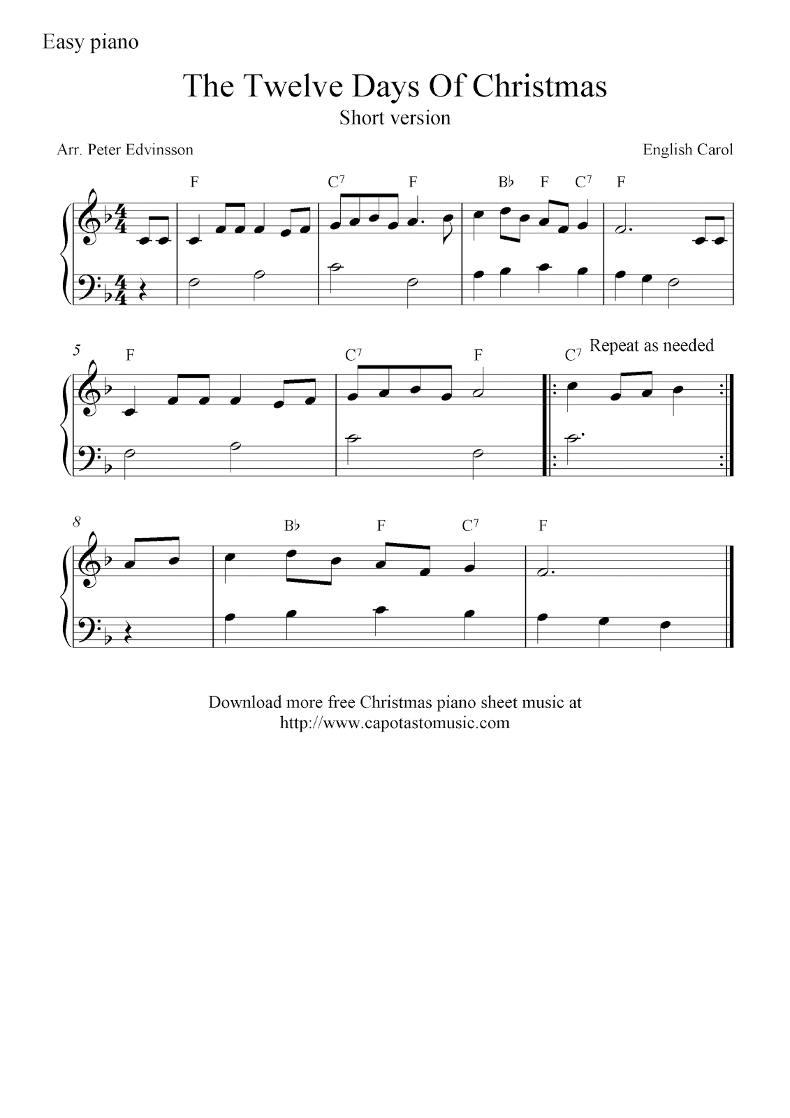 Free Christmas Piano Sheet Music Notes, The Twelve Days Of Christmas - Christmas Piano Sheet Music Easy Free Printable