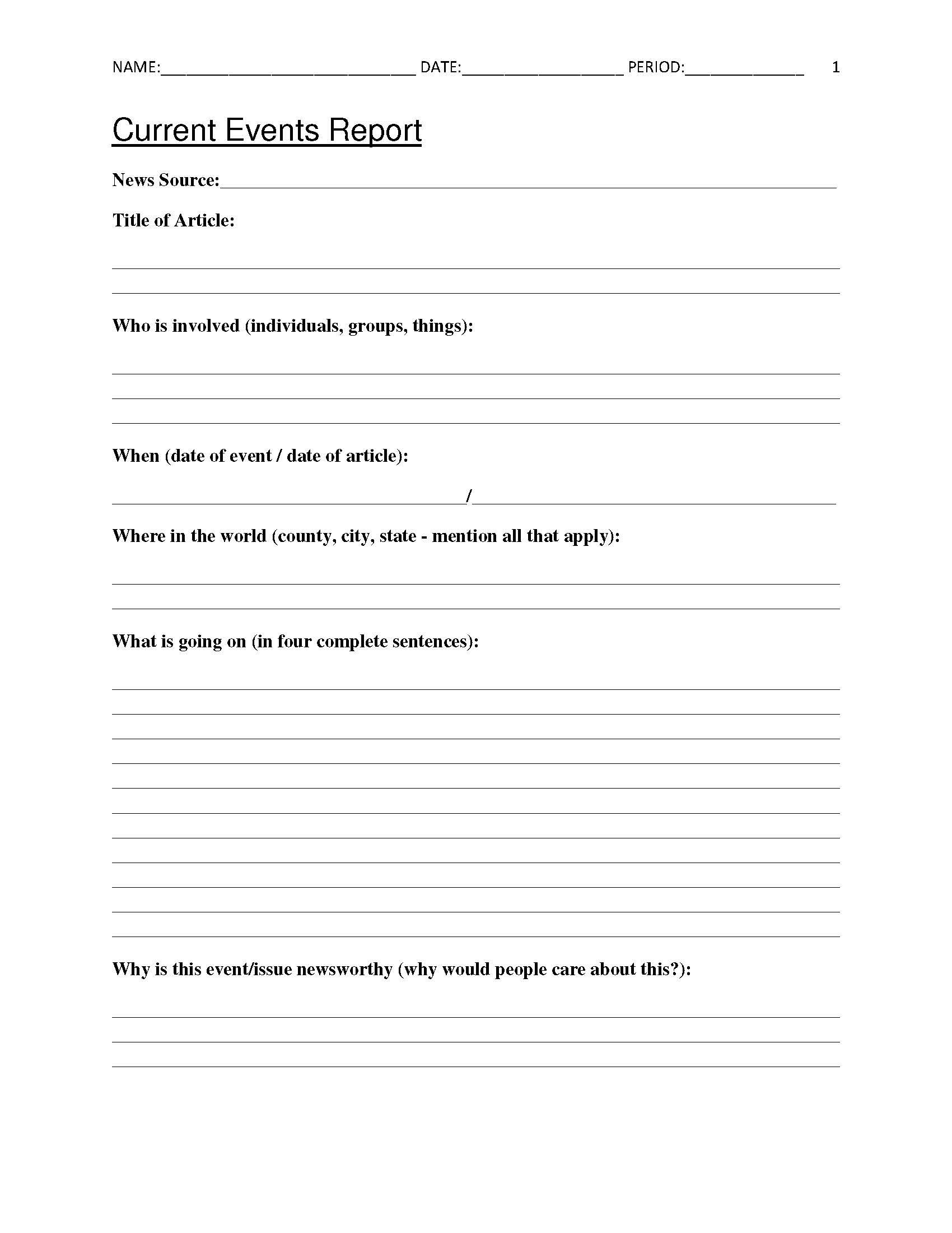 Free Current Events Report Worksheet For Classroom Teachers - Free Printable Book Report Forms For Elementary Students