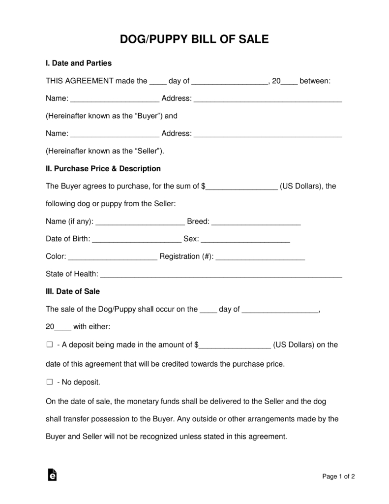 Free Dog/puppy Bill Of Sale Form - Word | Pdf | Eforms – Free - Free Printable Puppy Sales Contract