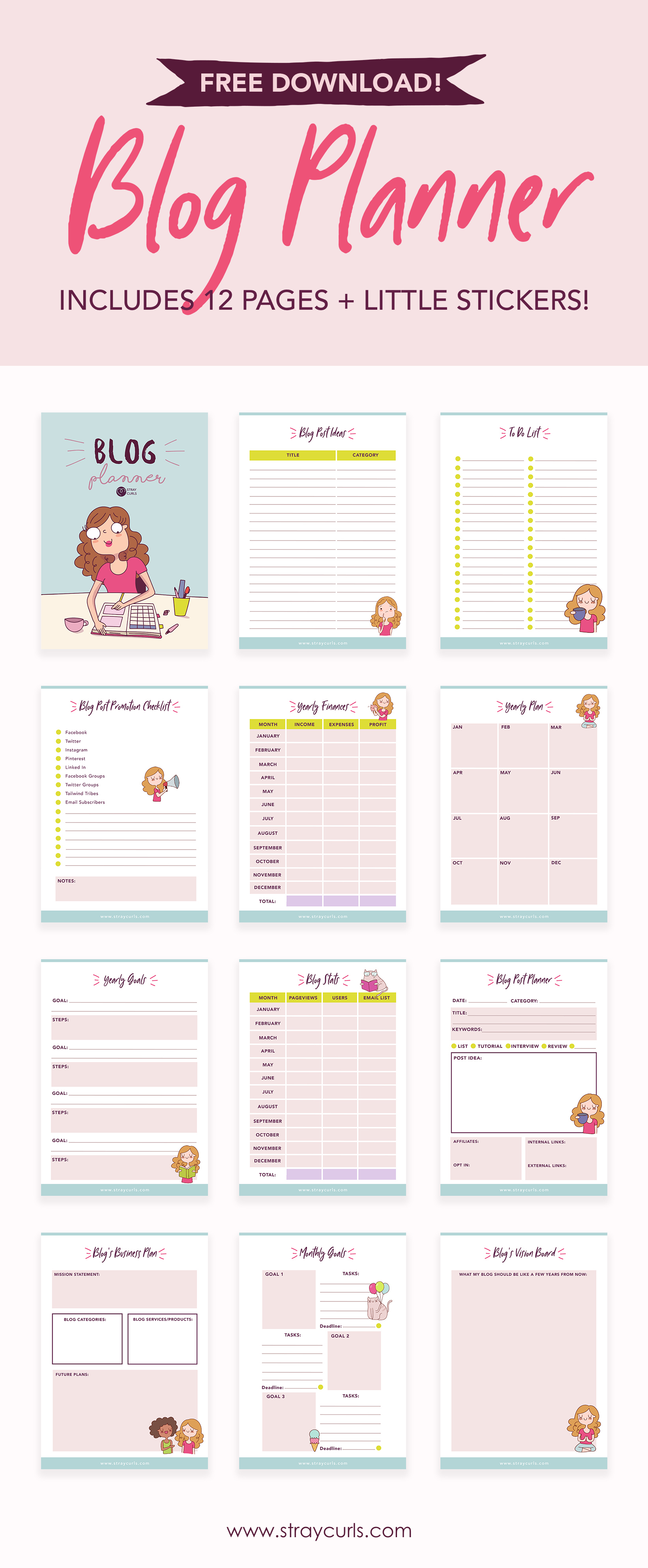 Free Download: 12 Page 2019 Blog Planner - Stray Curls - Free Printable Blog Planner