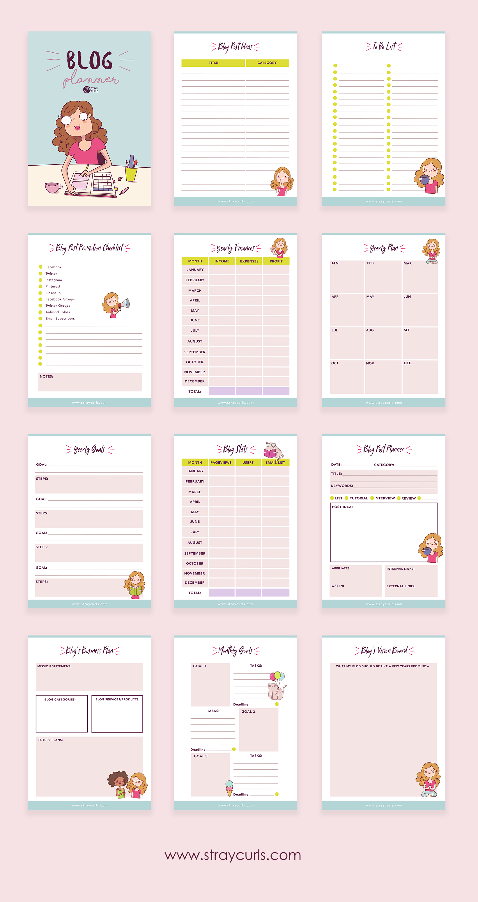Free Download: 12 Page 2019 Blog Planner - Stray Curls - Free Printable Blog Planner