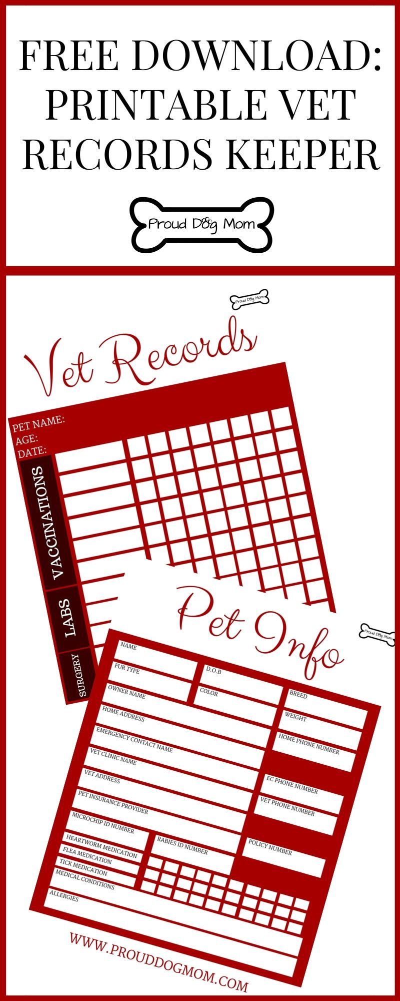 Free Download: Printable Vet Records Keeper | Pets | Dogs, Dog - Free Printable Pet Health Record