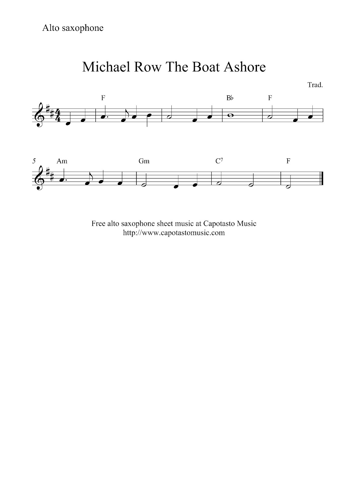 Free Easy Alto Saxophone Sheet Music, Michael Row The Boat Ashore - Free Printable Alto Saxophone Sheet Music