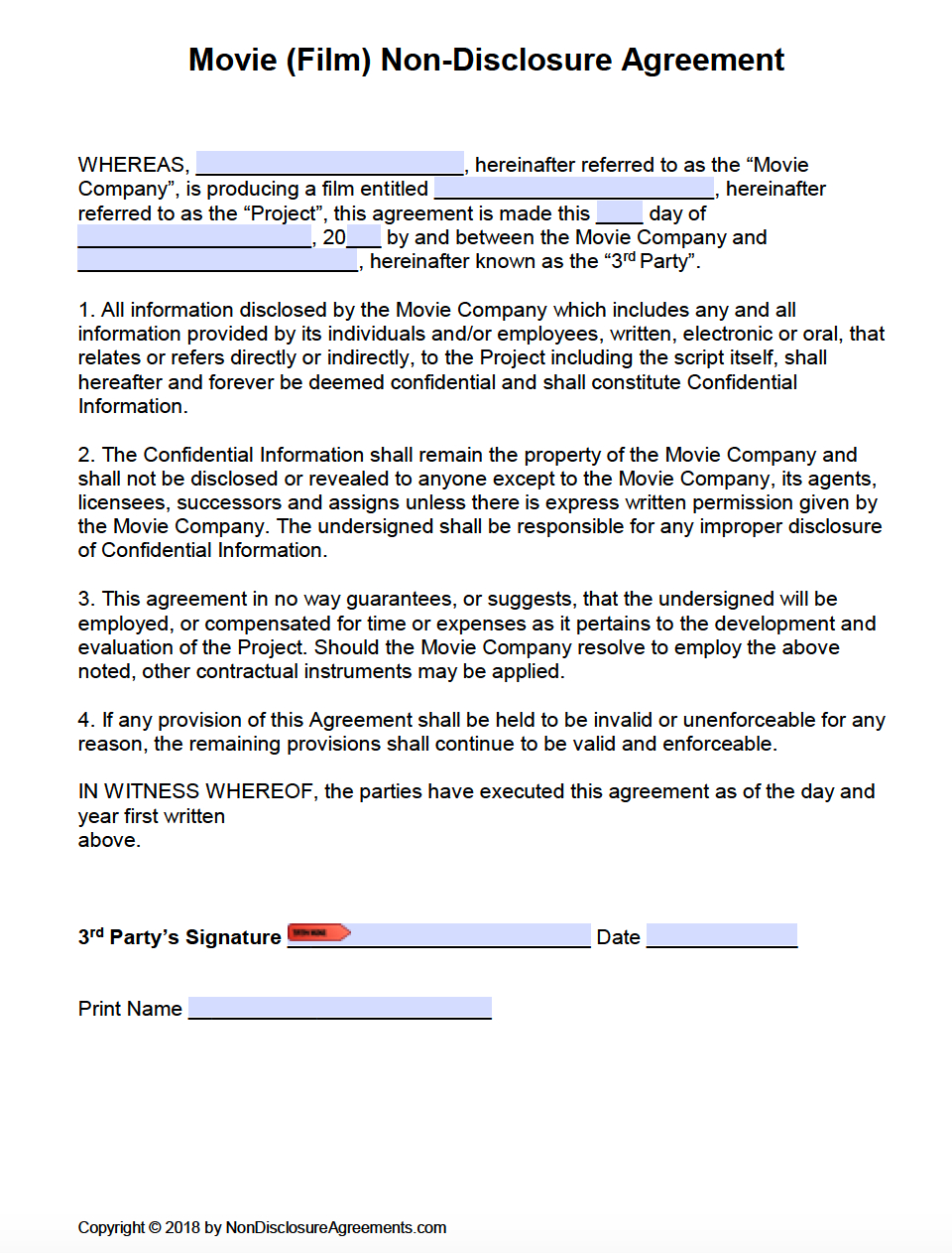 Free Film (Movie) Non-Disclosure Agreement (Nda) Template | Pdf | Word - Free Printable Non Disclosure Agreement Form