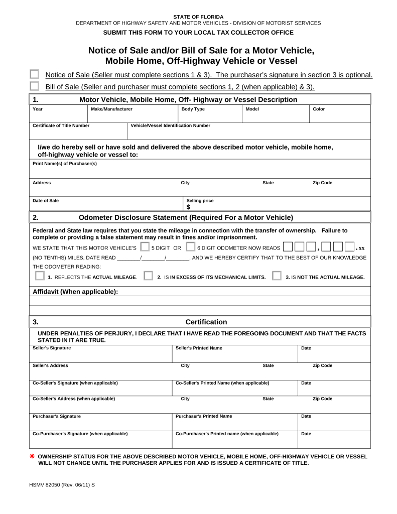 Free Florida Bill Of Sale Forms - Pdf | Eforms – Free Fillable Forms - Free Printable Bill Of Sale For Car