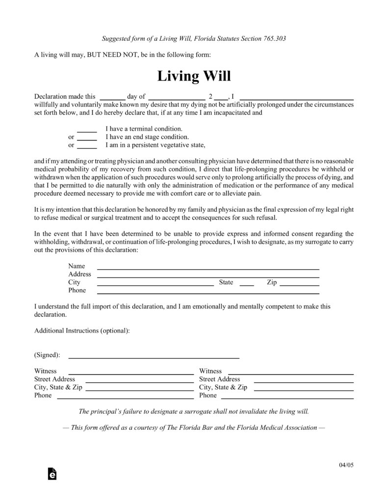 Free Florida Living Will Form - Pdf | Eforms – Free Fillable Forms - Free Printable Living Will Forms Florida