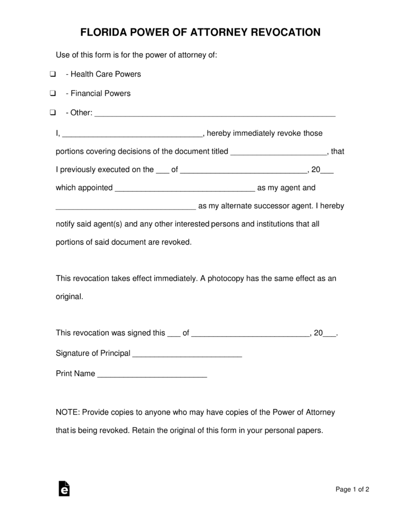 Free Florida Revocation Of Power Of Attorney Form - Pdf | Word - Free Printable Power Of Attorney Form Florida