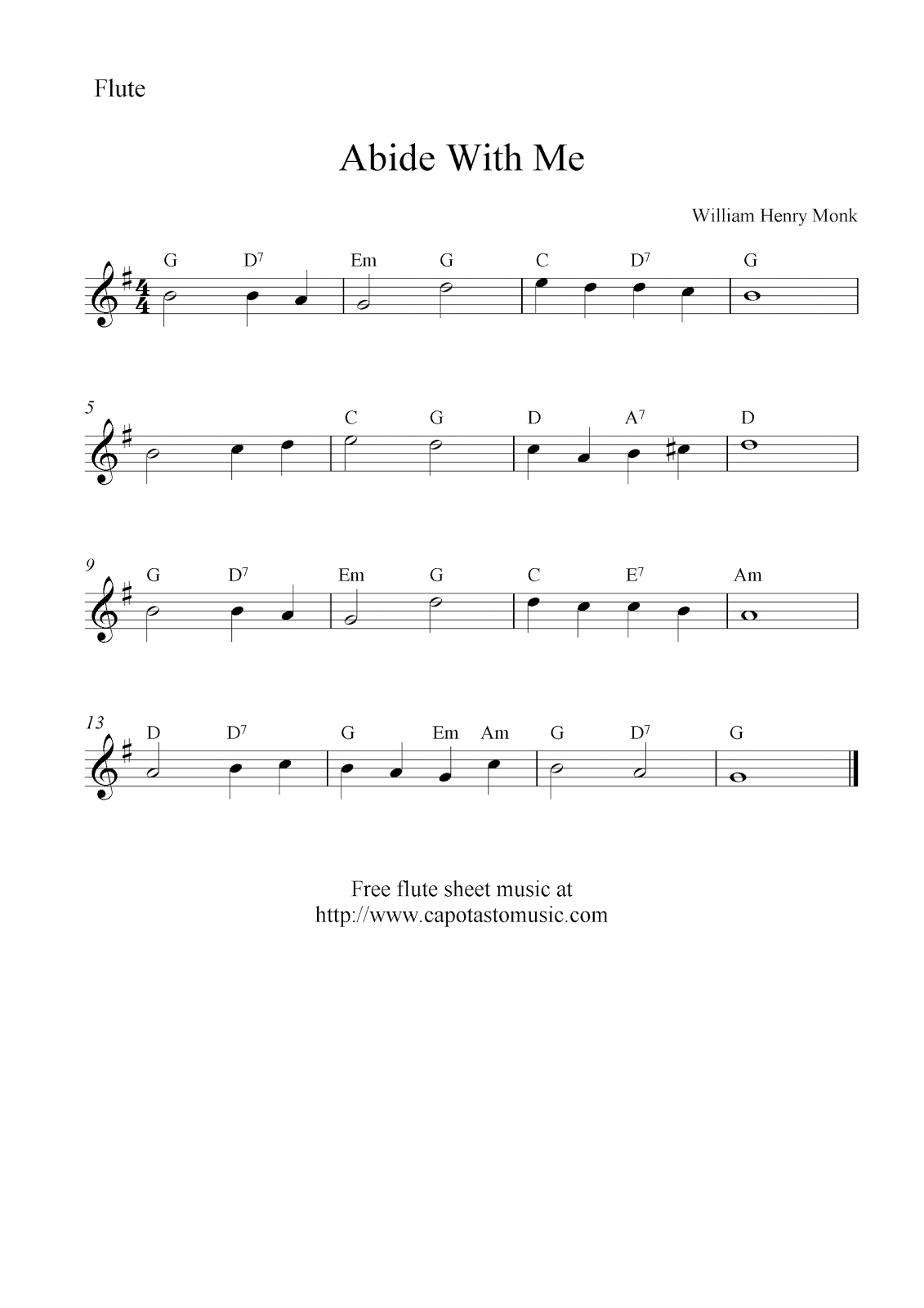 Free Flute Sheet Music, Abide With Me - Free Printable Flute Music