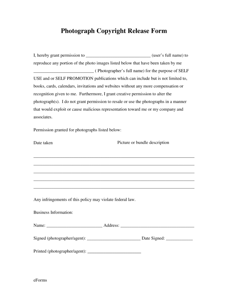 Free Generic Photo Copyright Release Form - Pdf | Eforms – Free - Free Printable Photo Release Form