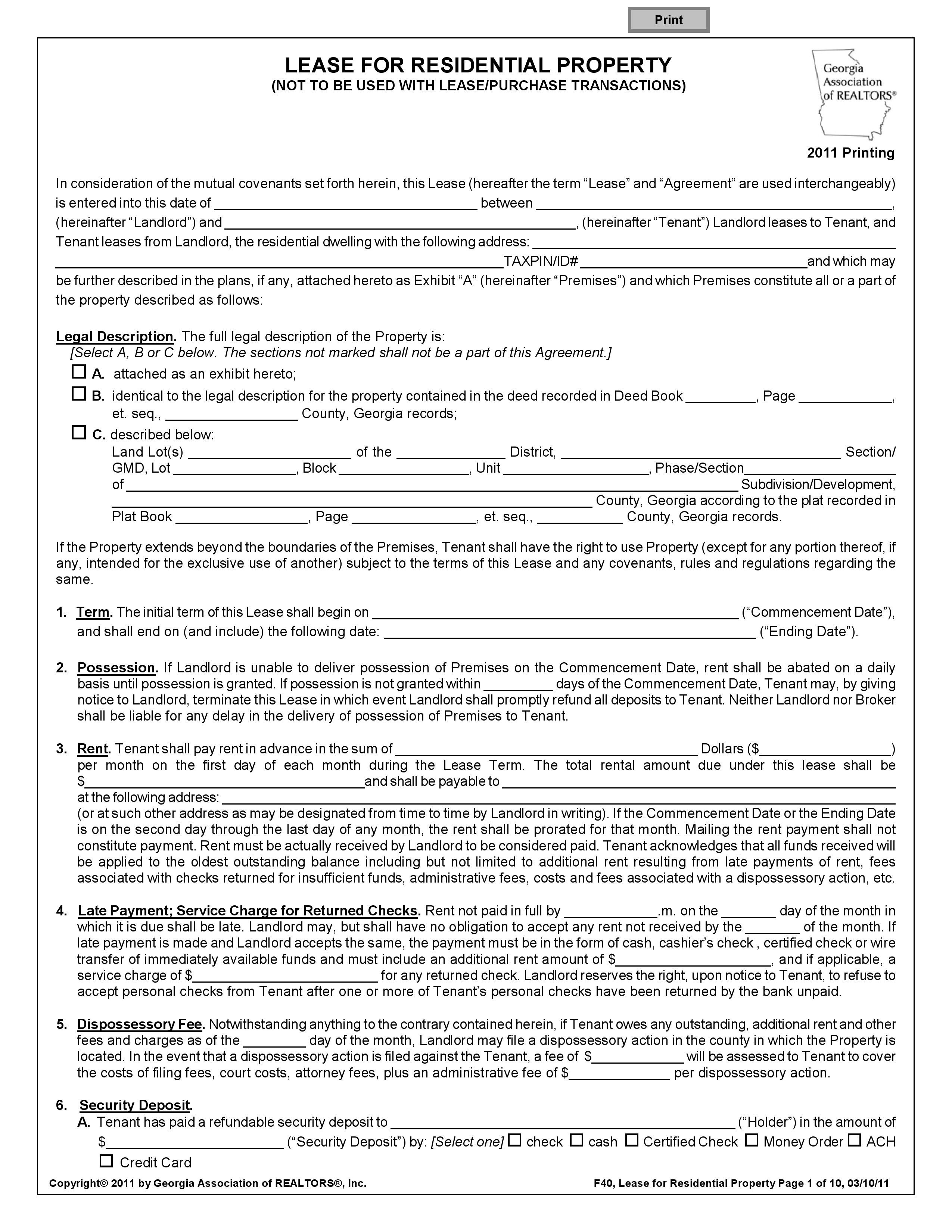 Free Georgia Residential Lease Agreement | Pdf Template | Form Download - Free Printable Residential Rental Agreement Forms